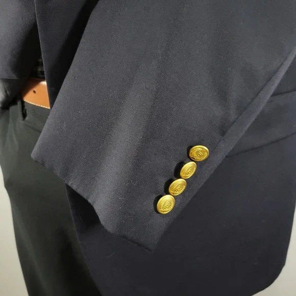 Chaps Men's Sport Coat Blazer Gold Two Button Deep Navy Twill Poly Wool Size 46L